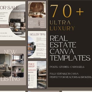 May include: A promotional graphic for real estate Canva templates. The design features various mockups of social media posts and stories, showcasing interior design and property listings. Text includes "Ultra Luxury" and "Real Estate Canva Templates."