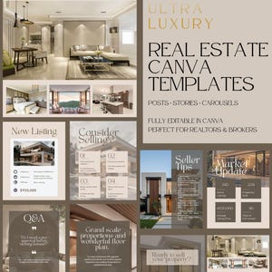 Op de afbeelding: Een promotionele afbeelding voor vastgoed Canva-sjablonen. Het ontwerp bevat afbeeldingen van luxe huizen, samen met tekst die luidt "Custom-Built House For Sale" en "Real Estate Canva Templates". Het kleurenschema is neutraal met gouden accenten.
