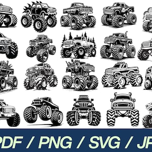 Puede incluir: Ilustraciones en blanco y negro de monster trucks con neumáticos de gran tamaño. La imagen presenta varios diseños de camiones, incluyendo camionetas y SUV, en un estilo gráfico audaz. La parte inferior de la imagen tiene el texto "PDF / PNG / SVG / JPG".