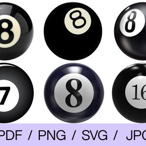 May include: Six black billiard balls with white numbers 7, 8, and 16. The number 8 appears on three balls. The balls are glossy and round. The bottom of the image has the text "PDF / PNG / SVG / JPG".