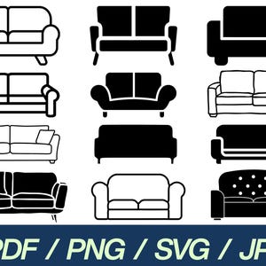 May include: Collection of sofa illustrations in black and white. Various styles are shown, including modern, traditional, and minimalist designs. The image includes the text "PDF / PNG / SVG / JPG" in a blue banner.