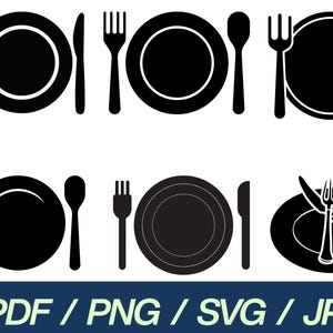 May include: Black and white graphic illustrations of dinnerware sets, including plates, forks, knives, and spoons. The image also includes the text "PDF / PNG / SVG / JPG" in a blue banner at the bottom.