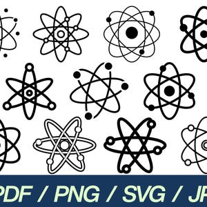 May include: A collection of black and white atom illustrations in various designs. The image includes the text "PDF / PNG / SVG / JPG" in white letters on a dark blue banner at the bottom, suggesting digital file formats.