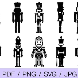 Puede incluir: Una colección de ilustraciones en blanco y negro de soldados cascanueces en varias poses. La imagen incluye vistas frontales, laterales y de tres cuartos de los cascanueces. La parte inferior de la imagen tiene el texto "PDF / PNG / SVG / JPG".
