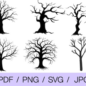 May include: Black silhouette tree graphics in various shapes and sizes. The trees have bare branches and trunks, with a white background. Text at the bottom reads "PDF / PNG / SVG / JPG".