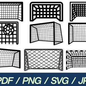 May include: Collection of black and white soccer goal illustrations in various designs. Includes goals with and without nets, and one with a soccer ball. The image also includes the text "PDF / PNG / SVG / JPG".