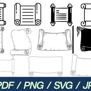 Puede incluir: Colección de ilustraciones de pergaminos en varios estilos, incluyendo arte lineal, dibujos sombreados y un diseño negro sólido. Los pergaminos tienen bordes enrollados y algunos presentan elementos decorativos. El banner inferior muestra "PDF / PNG / SVG / JPG".