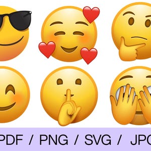 May include: A collection of six yellow emoji faces with various expressions. One wears sunglasses, another has hearts, and others show thinking, smiling, silence, and covering eyes. The image includes the text "PDF / PNG / SVG / JPG".