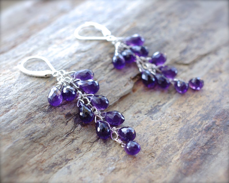 White gold amethyst briolette earrings 14K solid gold purple faceted amethyst cascade earrings MADE TO ORDER. Amethyst cluster earrings