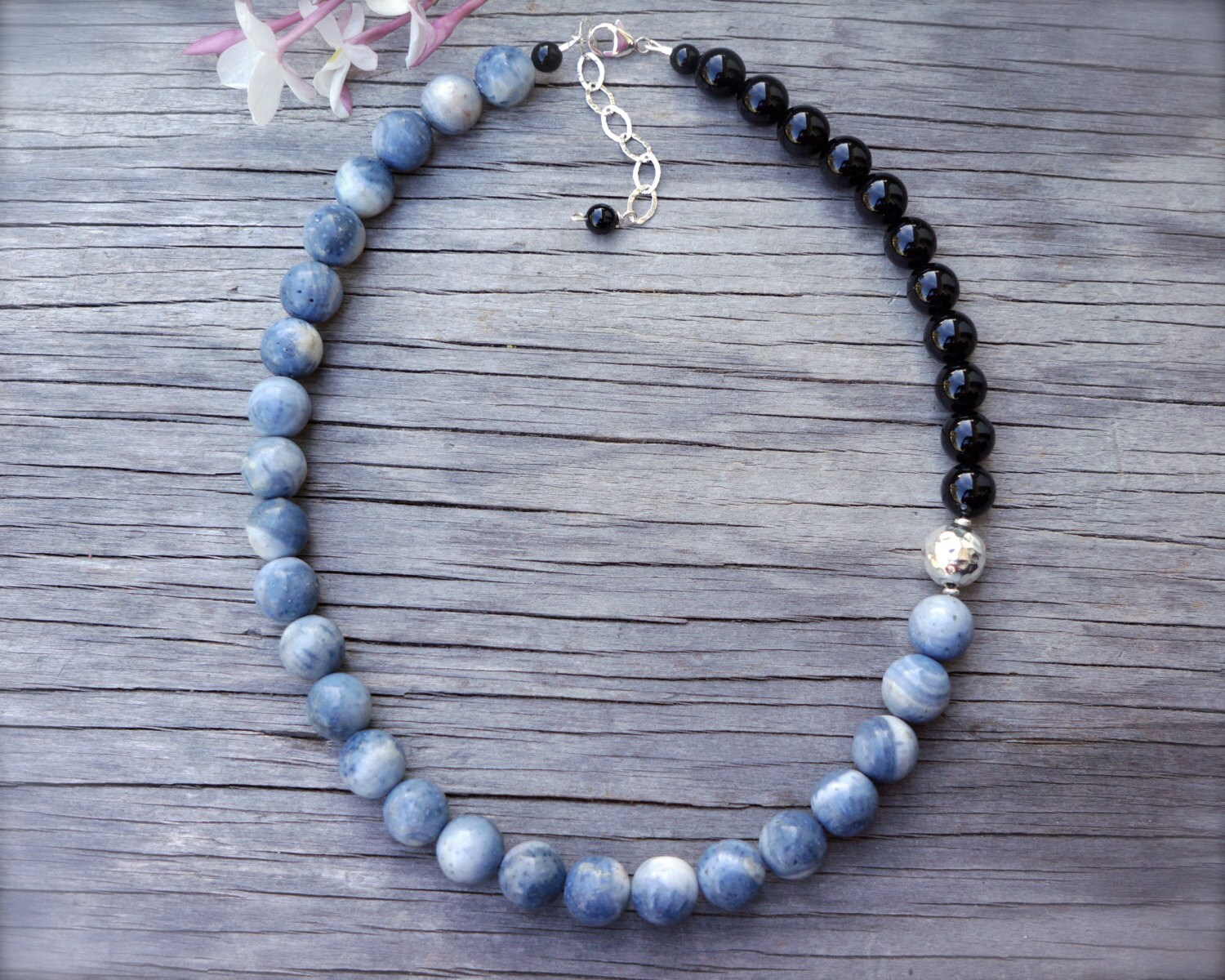 SALE Blue coral necklace with black onyx. Sterling silver Etsy
