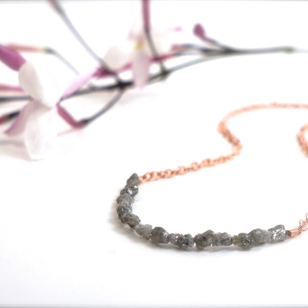 Rough diamond necklace. Rose gold uncut raw diamond bar necklace. Natural diamonds and rose gold filled chain. Urban jewelry