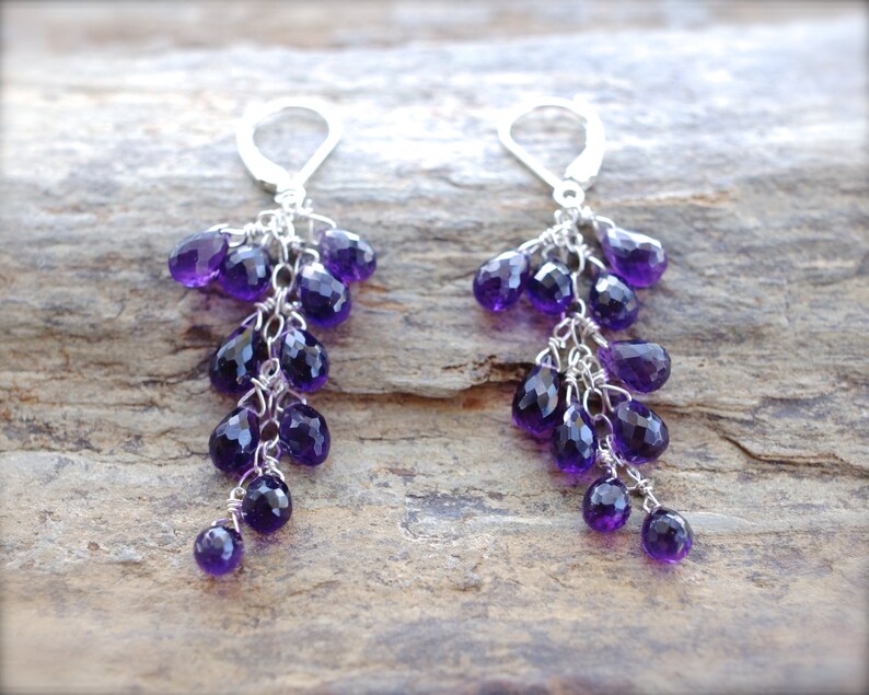 White gold amethyst briolette earrings 14K solid gold purple faceted amethyst cascade earrings MADE TO ORDER. Amethyst cluster earrings