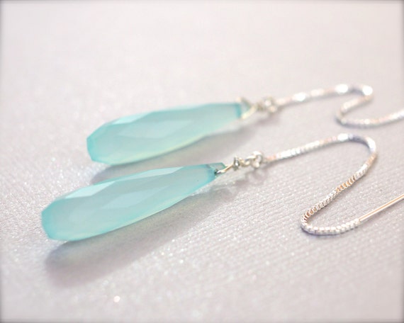 White with Blue Spotted Chalcedony Hanging Earrings,14K Yellow Gold Lever Backs