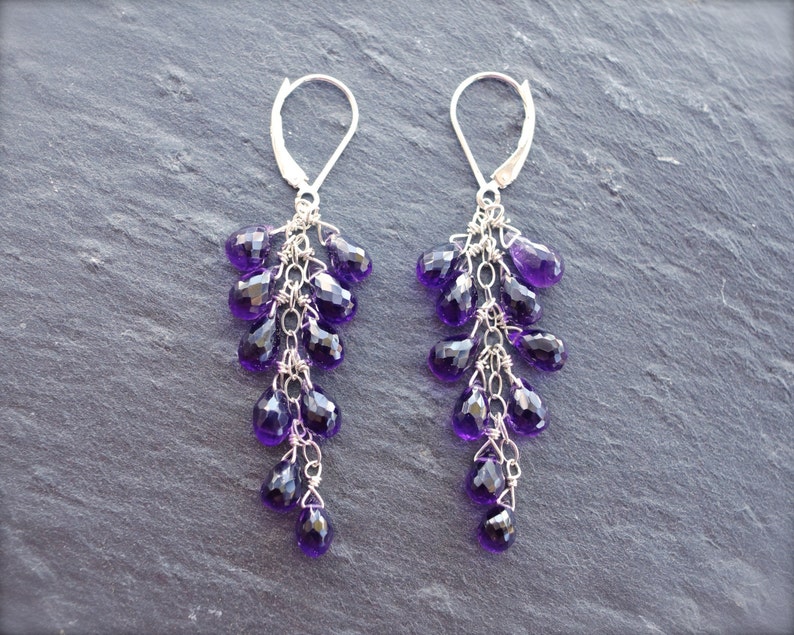 White gold amethyst briolette earrings 14K solid gold purple faceted amethyst cascade earrings MADE TO ORDER. Amethyst cluster earrings