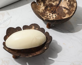 Jabonera de cáscara de coco, soporte de jabón de madera natural con drenaje, decoración de baño ecológica, bandeja para jabón artesanal