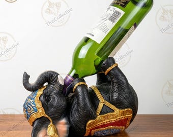 Soporte para botellas de vino con forma de elefante pintado a mano, botellero con forma de animal reclinado, decoración bohemia para carrito de bar, regalo divertido para amantes del vino, acento para cocina tailandesa
