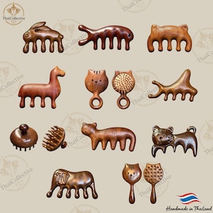 May include: A collection of handcrafted wooden combs and hairbrushes in various animal shapes, including a rabbit, fish, cat, bear, and elephant. The combs are brown and feature intricate designs, with the text "Handmade in Thailand".