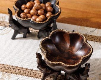 手彫りの木製象のボウル、タイのフルーツトレイ、素朴な小物入れ、チェンマイの装飾、象の装飾ギフト