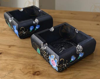 Handmade Hand-Painted Wooden Ashtray, Floral Boho Catchall Tray, Carved Elephant Cigar Decor, Black Mango Wood Smoker Gift, Thai Art