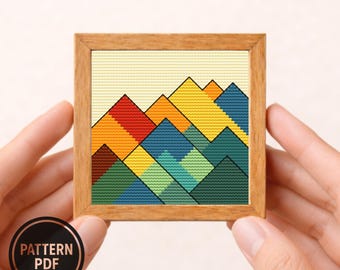 Geometric Mountains Landscape Mini Cross Stitch Pattern | Modern Abstract Design | PDF Chart