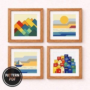 Puede incluir: Cuatro obras de arte en punto de cruz enmarcadas. El arte presenta paisajes geométricos coloridos: montañas, una puesta de sol sobre el agua, un velero y un pueblo. El marco inferior izquierdo tiene un gráfico circular "PATTERN PDF".