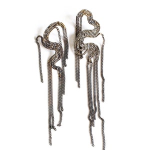 silver chain earrings, asymmetric and mis matched, long dangle earrings, surgical steel posts and butterfly backs, steel chain, silver plate