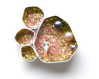 sparkle geometric geode brooch with little lady, small world glitter and white and black pearls, powder coat brooch with tiny person
