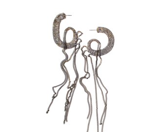 SilberKette Ohrringe, asymmetrisch und fehlgepasst, langes Baumeln, geschwärztes Sterlingsilber, Hoop Ohrstecker, Chirurgenstahl Posts