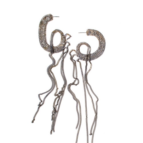 Silver chain hoop earrings, asymmetric and mis matched, long dangle, shops blackened sterling silver, hoop studs, surgical steel posts