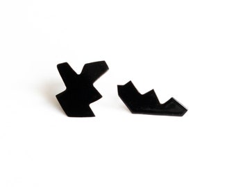 matte black mis matched stud earrings with surgical steel post and large butterfly backs, powder coated jewellery, original and unique work