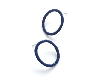 navy blue oval earrings, simple minimal studs, light weight and easy to wear classic jewellery, powder coat wire work, day to night, basics