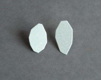 medium pastel blue geo earrings, geometric studs, simple hypoallergenic posts, powder coated metal, hand cut metal plate, lightweight basic