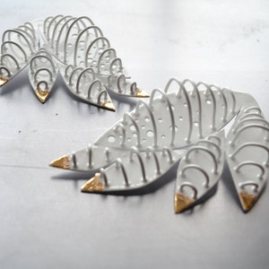 large cage earrings, feather form, gold leaf tips image 4