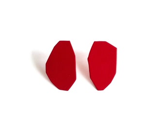 medium red geo earrings, geometric studs, simple hypoallergenic posts, powder coated metal, hand cut metal plate, lightweight basic