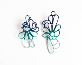 Navy, grey and emerald modern wire stud earrings, powder coated recycled materials with a hypoallergenic surgical steel post