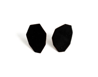 matte black geo earrings, geometric studs, simple hypoallergenic posts in powder coated metal, hand cut metal plate, lightweight basic