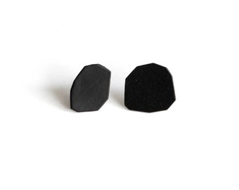 small matte black geo earrings, geometric studs, simple hypoallergenic posts in powder coated metal, hand cut metal plate, lightweight basic