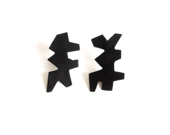 matte black asymmetric post earrings, mismatch studs, powder coated, funky and modern style, contemporary fashion jewellery, surgical steel
