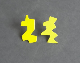 chartreuse asymmetric post earrings, mismatch studs, powder coat, funky modern style, contemporary fashion jewellery, surgical steel