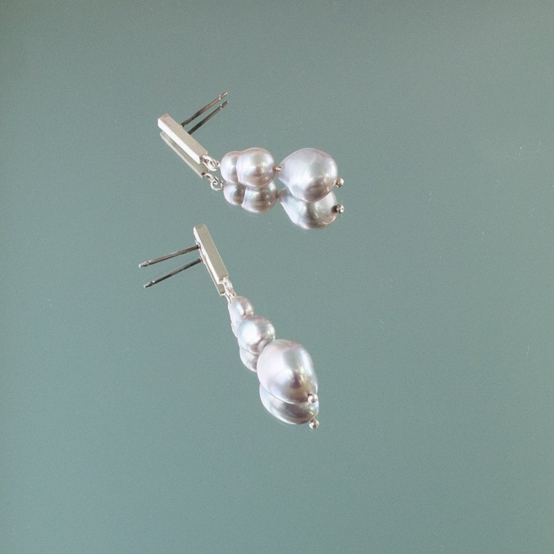 silver and baroque pearl asymmetric stud earrings, oxidised silver with surgical steel posts and butterfly back, elegant dangle drops image 3