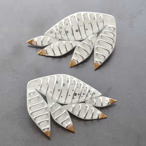 large cage earrings, feather form, gold leaf tips image 2