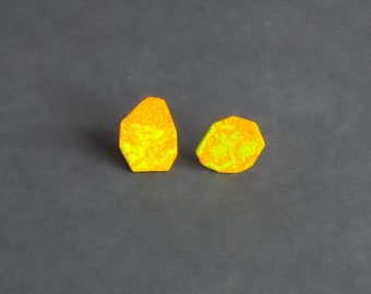 small orange and chartreuse geo earrings, geometric studs, simple hypoallergenic posts, powder coated metal, hand cut metal plate