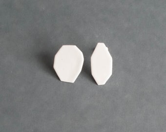 small matte white geo earrings, geometric studs, simple hypoallergenic posts, powder coated metal, hand cut metal plate, lightweight basic