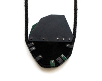 reversible matte black and forest green pendant, hand cut acrylic plastic geometric form with powder coated copper, 18 inch cotton cord