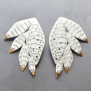 large cage earrings, feather form, gold leaf tips image 1