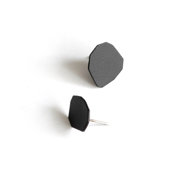 small matte black geo earrings, geometric studs, simple hypoallergenic posts, powder coated metal, minimalist style earrings image 2