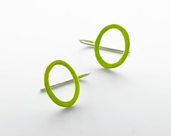 oval chartreuse drop earrings, simple wire, open circle, basic, everyday earrings, lightweight, boucles d'oreilles, surgical steel hooks