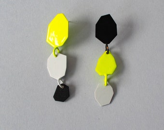 chartreuse, black and grey,  geometric stud earrings, powder coat jewellery, asymmetric simple earrings, modern chic surgical steel posts