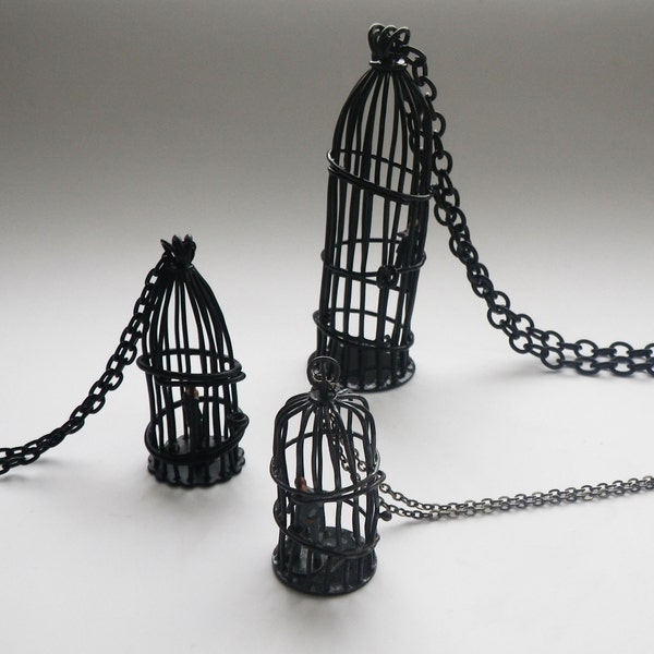 bird cage pendant, powder coat Halloween gift, statement necklace, Halloween necklace, long chain pendant in matte black, unique gift