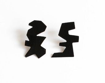 matte black asymmetric post earrings, mismatch studs, powder coated, funky and modern style, contemporary fashion jewellery, surgical steel
